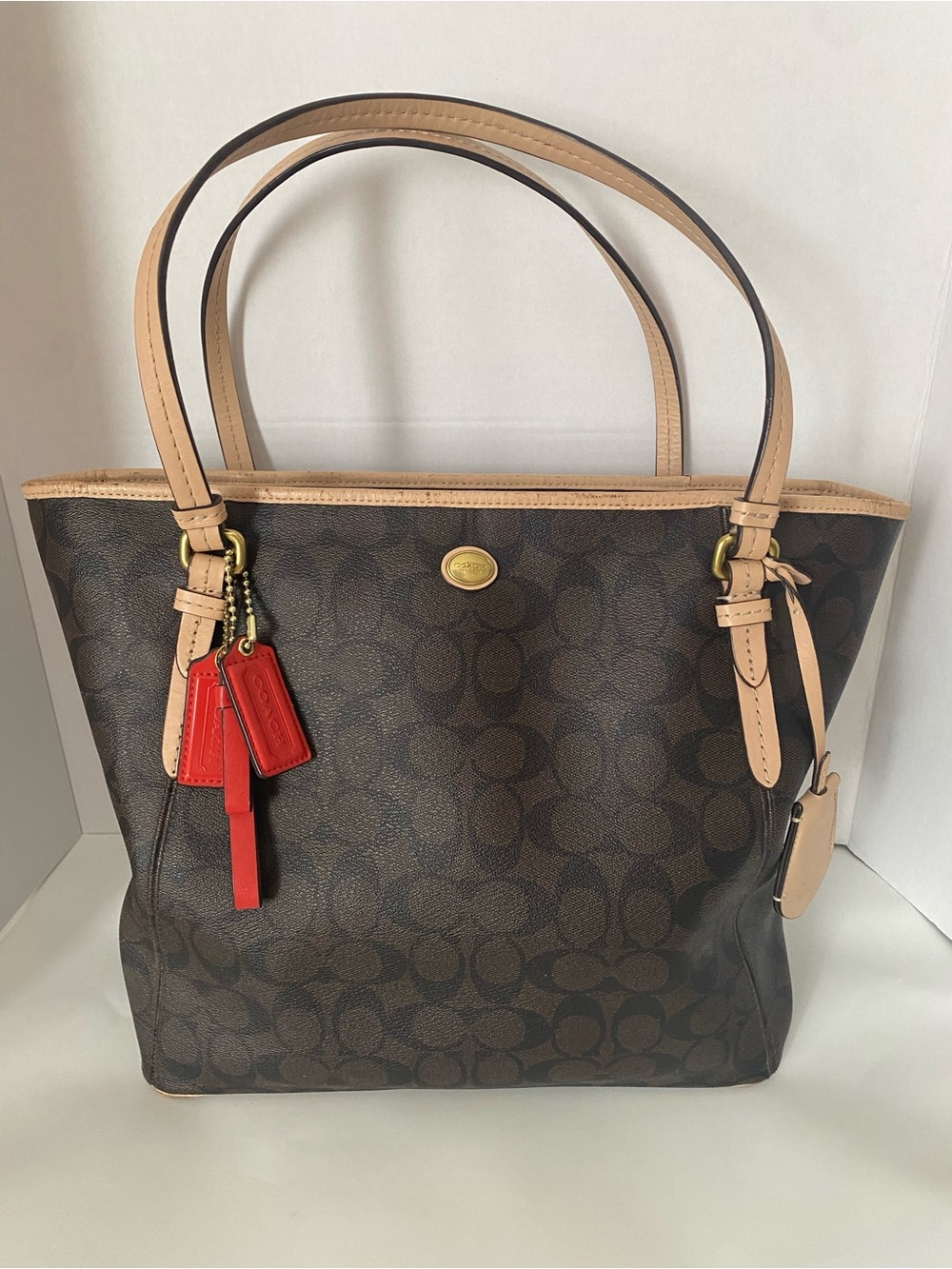 Coach Brown Signature Canvas Tote with Natural Leather Trim and Red Charm